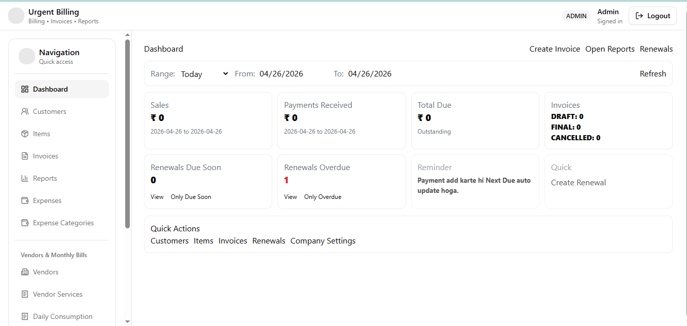Billing software dashboard for invoices, payments and billing reports