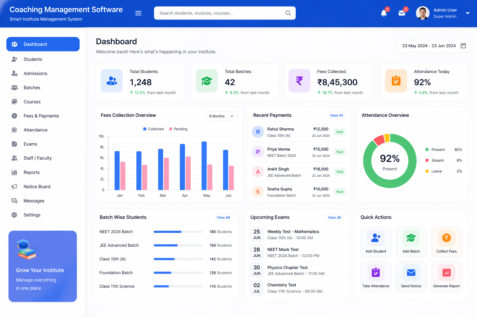 Coaching management software dashboard for students, fees, batches and attendance