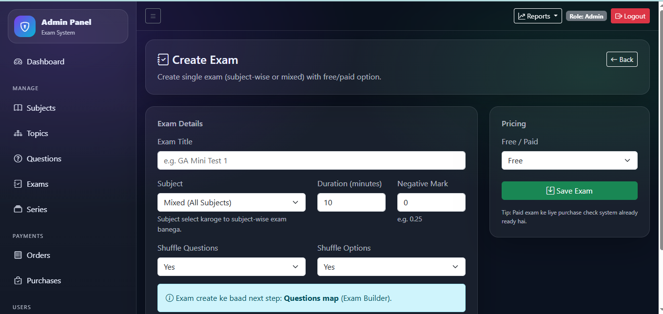 Online exam system dashboard for assessments, students and results